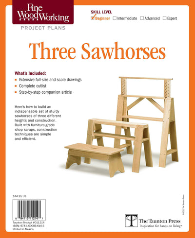 Cover image for Fine Woodworking's Three Sawhorses Plan, isbn: 9781600856105