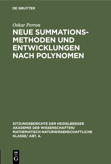 Book cover image for Neue Summationsmethoden und Entwicklungen nach Polynomen ISBN: 9783112459379