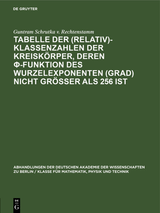 Tabelle der (Relativ)-Klassenzahlen der Kreiskörper, deren φ-Funktion des Wurzelexponenten (Grad) nicht größer als 256 ist