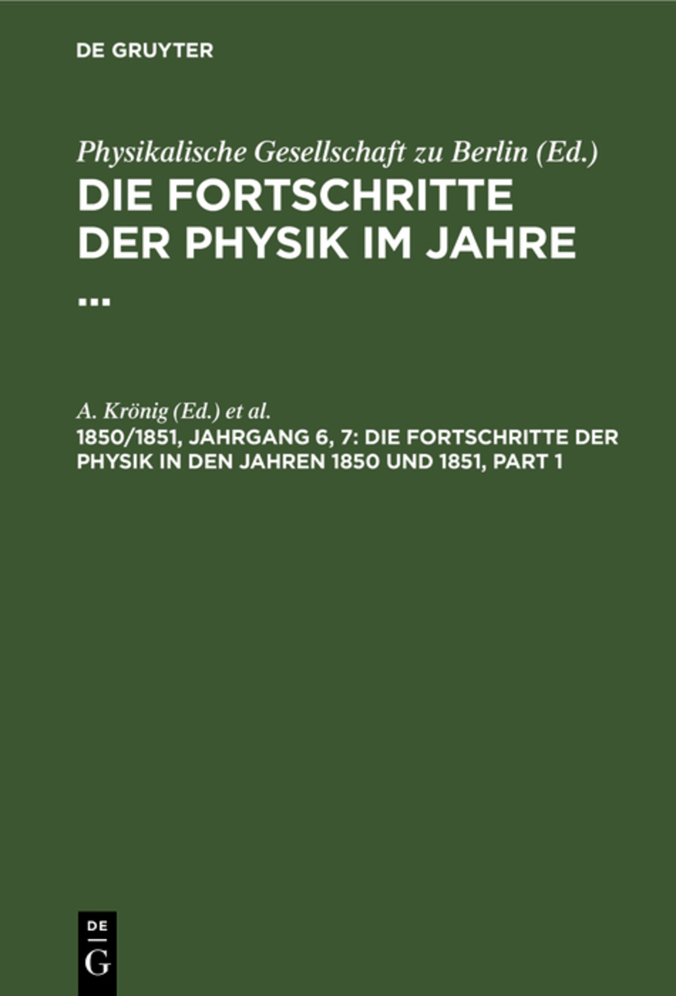 Die Fortschritte der Physik in den Jahren 1850 und 1851