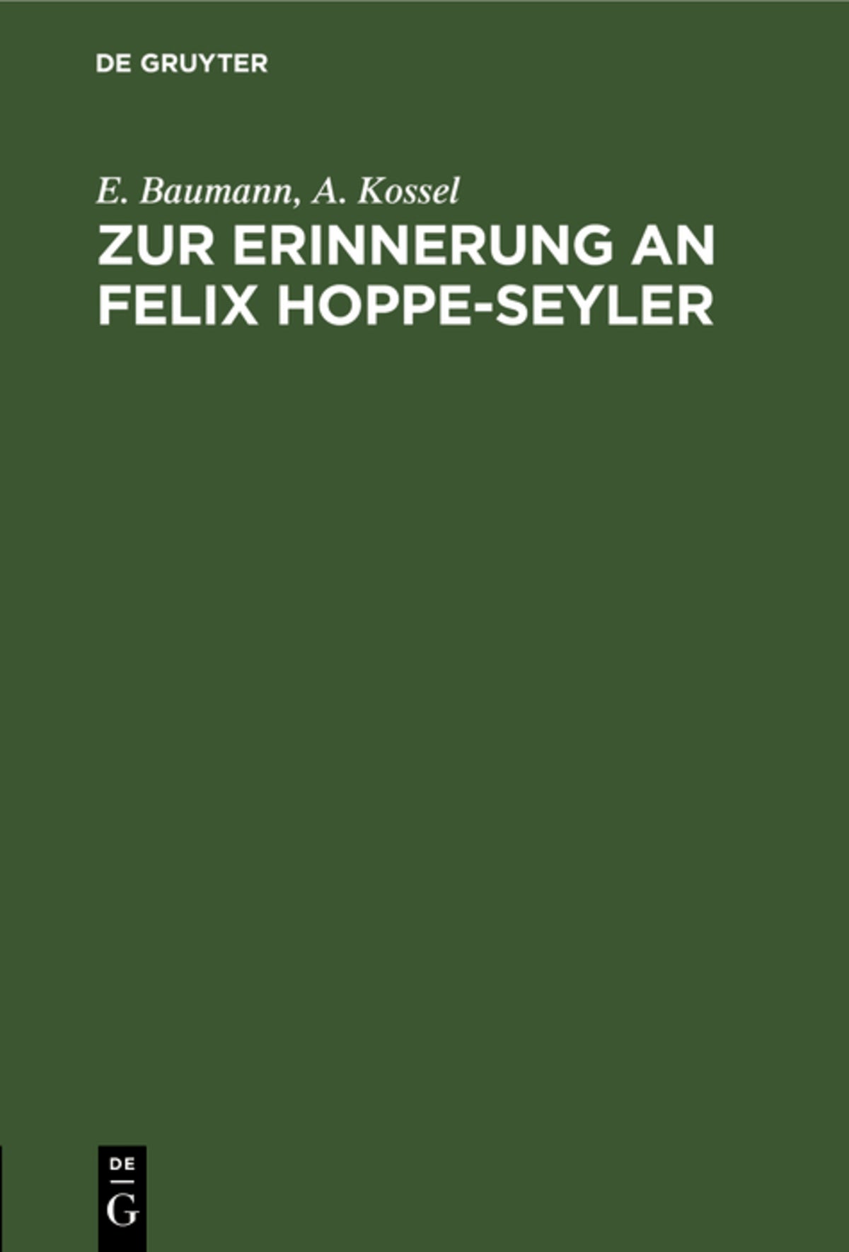 Cover image for Zur Erinnerung an Felix Hoppe-Seyler ISBN 9783112659472