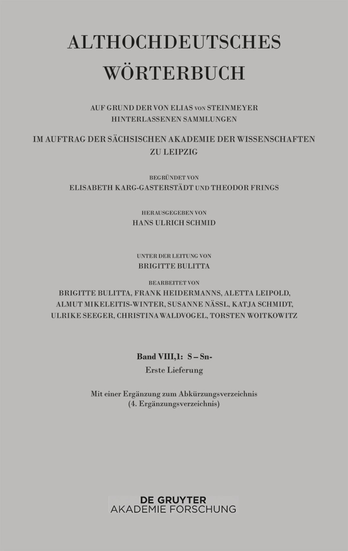 Cover image for Band VIII,1: S–Sn. 1. Lieferung (s bis saharahi) ISBN 9783110659269