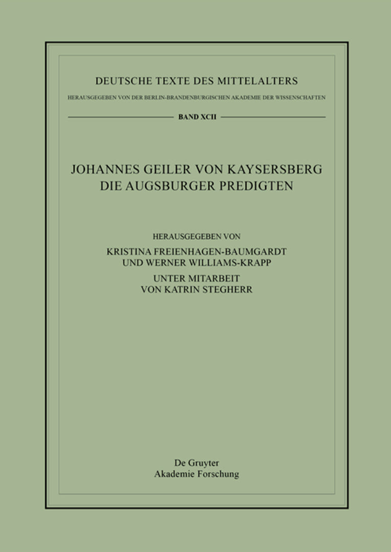 Cover image for Johannes Geiler von Kaysersberg, Die Augsburger Predigten ISBN 9783110417968
