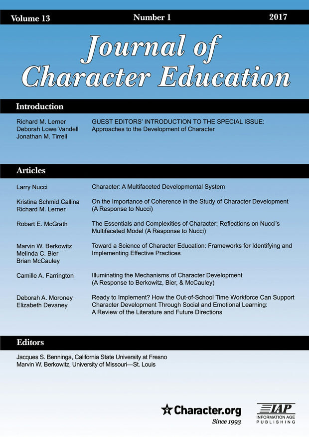 Cover image for Journal of Character Education Vol 13 Issue 1, isbn: 9781641131582
