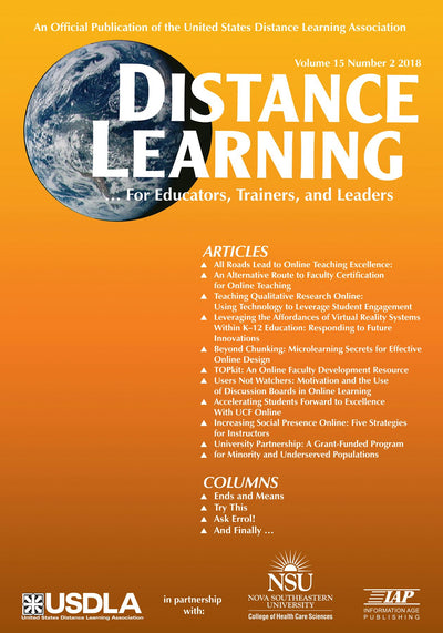 Cover image for Distance Learning Vol 15 Issue 2, isbn: 9781641134200