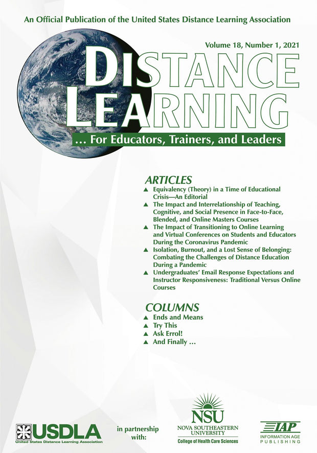 Cover image for Distance Learning Vol 18 Issue 1, isbn: 9781648025389