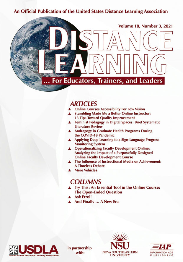 Cover image for Distance Learning Vol 18 Issue 3, isbn: 9781648027420