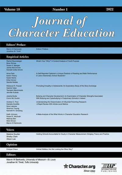 Cover image for Journal of Character Education Vol 18 Issue 1, isbn: 9781648029479