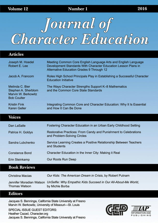 Cover image for Journal of Character Education Vol 12 Issue 1, isbn: 9781681239460