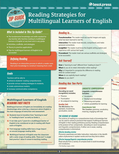 Cover image for TESOL Zip Guide: Reading Strategies for Multilingual Learners of English (Pack of 25), isbn: 9781942799801