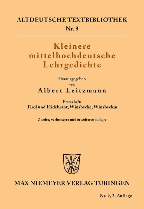 Cover image for Kleinere mittelhochdeutsche Lehrgedichte, isbn: 9783110484120
