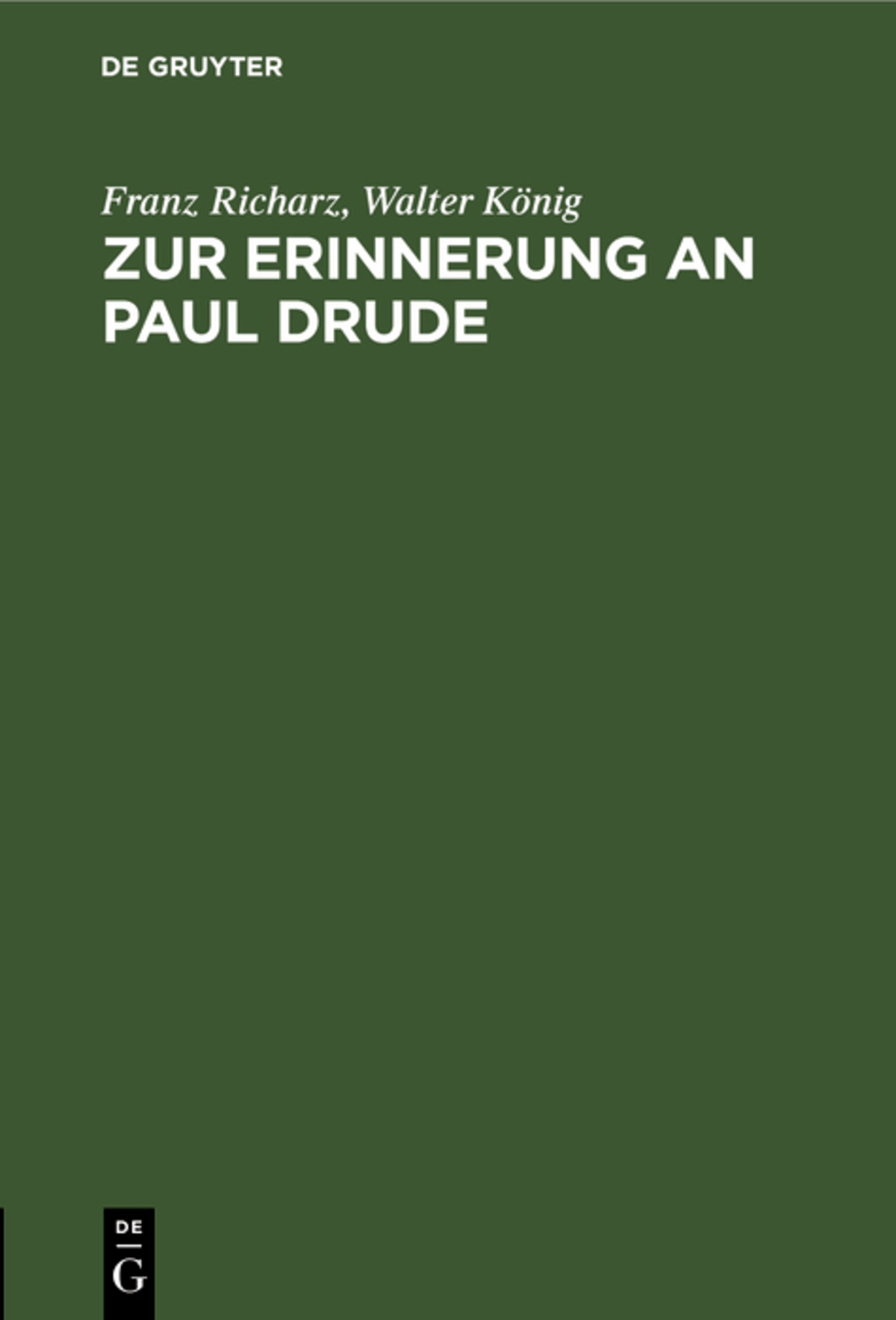 Cover image for Zur Erinnerung an Paul Drude ISBN 9783111183589