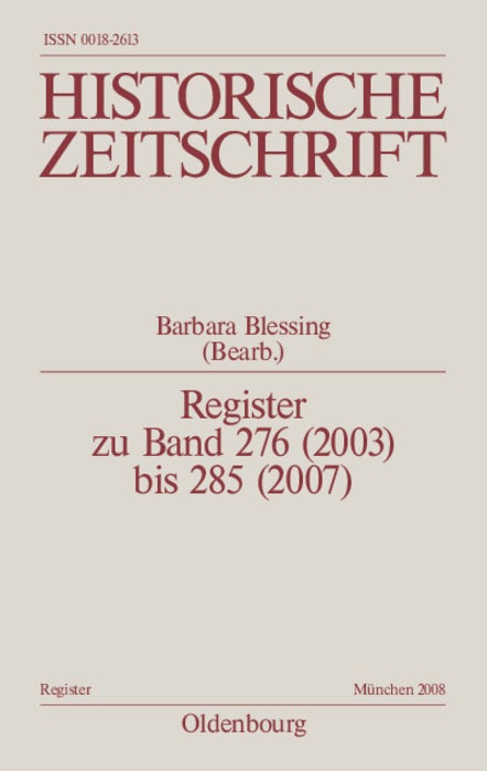 Cover image for Register zu Band 276 (2003) bis 285 (2007), isbn: 9783486644609