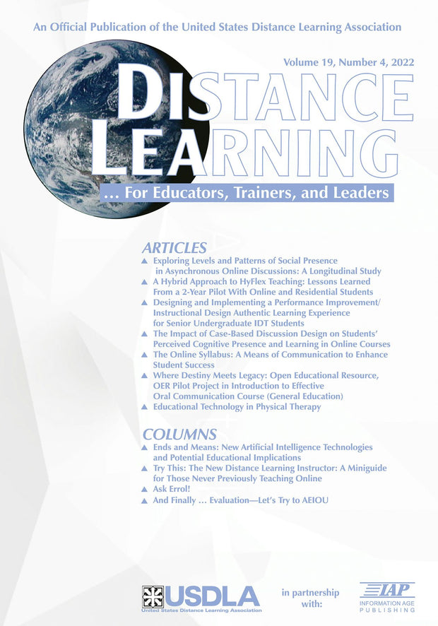 Cover image for Distance Learning Vol 19 Issue 4, isbn: 9798887302348