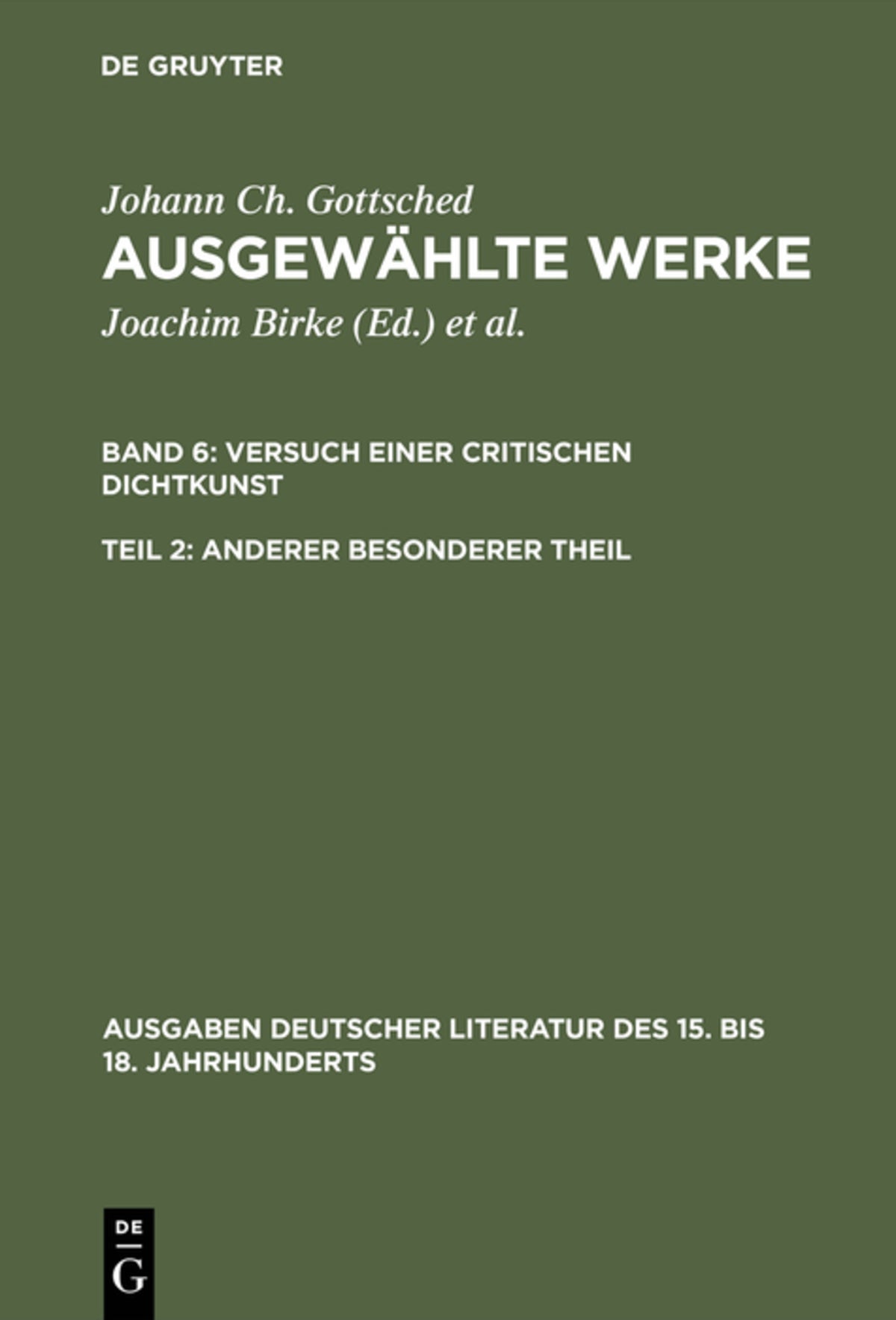 Cover image for Versuch einer Critischen Dichtkunst. Anderer Besonderer Theil ISBN 9783110041231