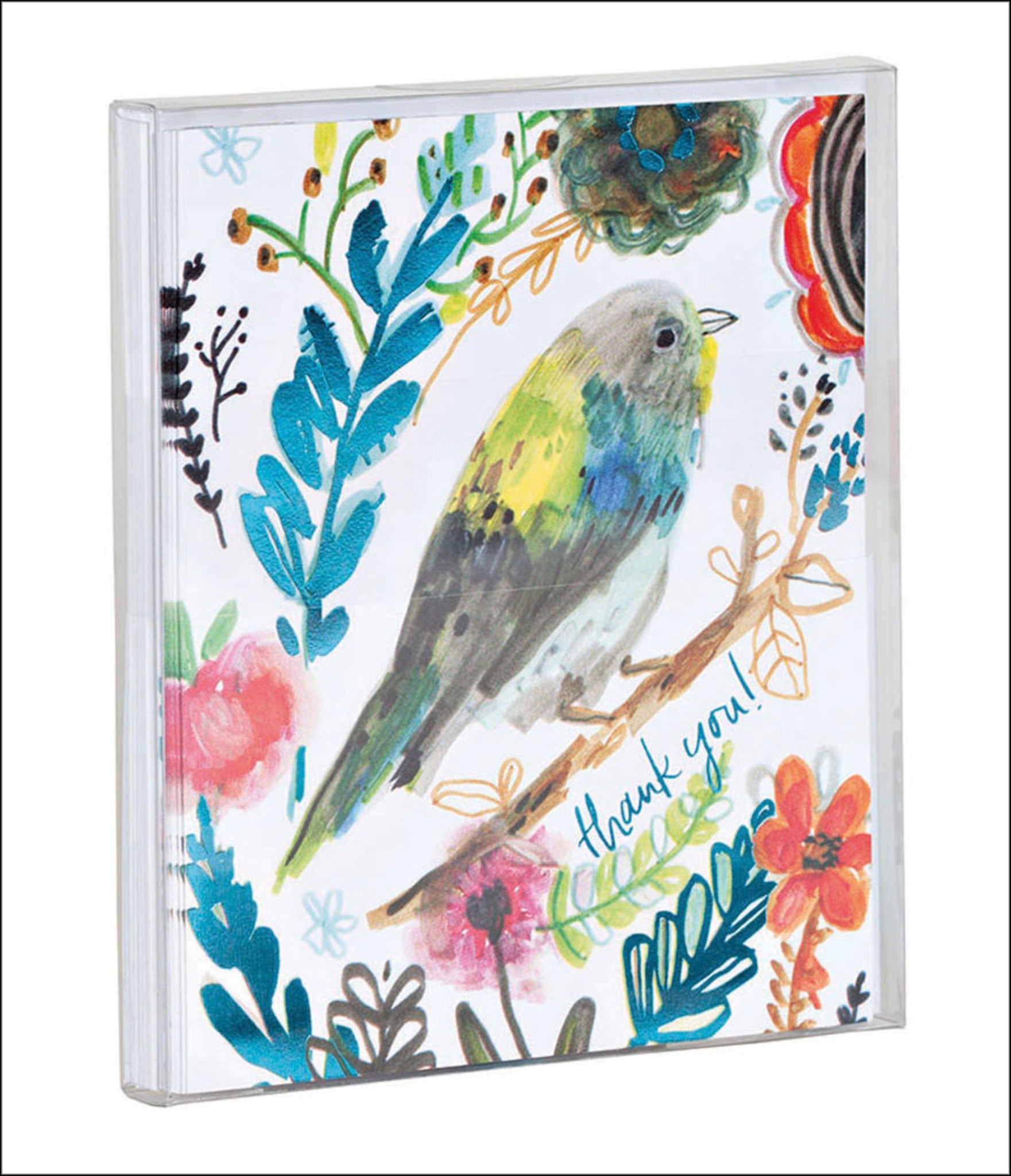 teNeues - Notecard Set: Thank You Birds, Blank Inside, 10 Full Color Notecards with 10 Envelopes, Clear Box, Floral Illustration, Blue Foil Accent