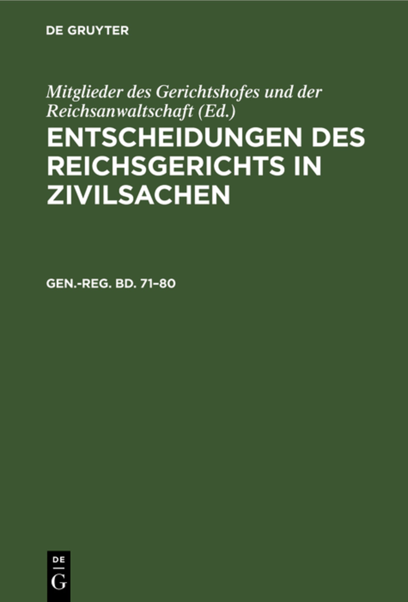 Generalregister zum einundsiebzigsten bis achtzigsten Bande