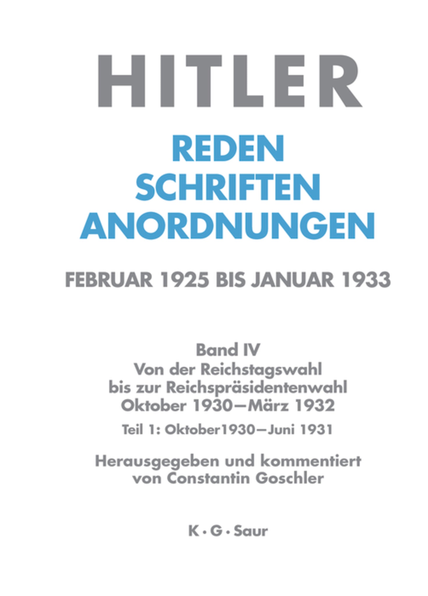 Cover image for Oktober 1930 - Juni 1931 ISBN 9783598219351