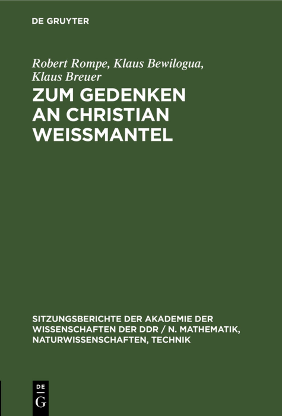 Cover image for Zum Gedenken an Christian Weißmantel ISBN 9783112548370