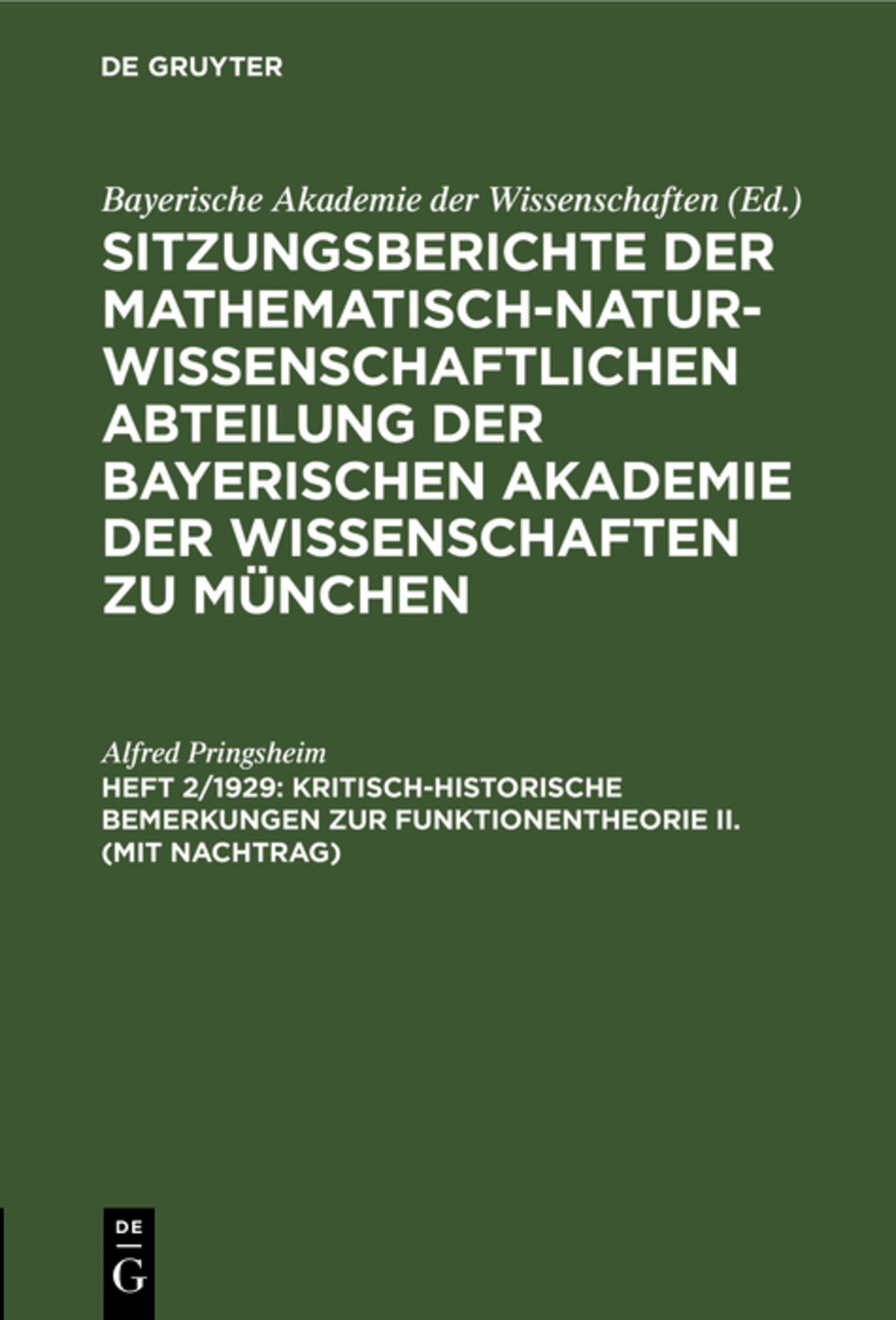 Kritisch-historische Bemerkungen zur Funktionentheorie II. (mit Nachtrag)