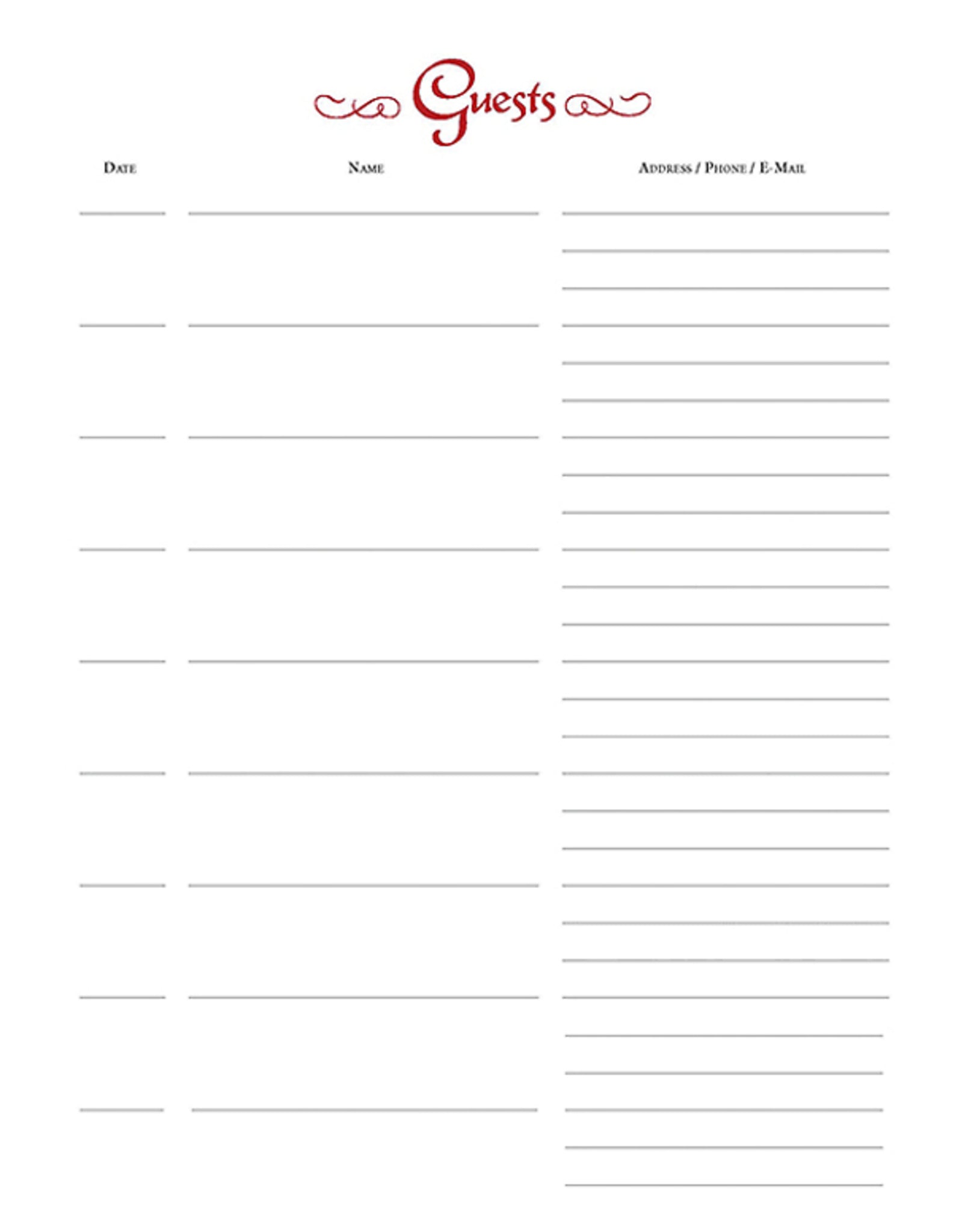 Guests of Our Church Register Refill Pages