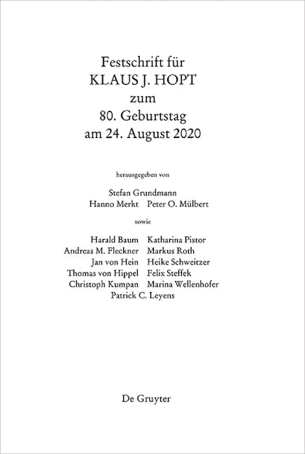 Festschrift für Klaus J. Hopt zum 80. Geburtstag am 24. August 2020